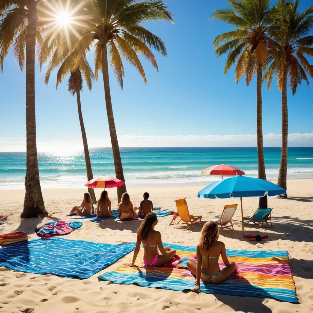 A sun-soaked beach scene featuring a diverse group of people wearing stylish swimwear, surrounded by colorful beach towels, umbrellas, and palm trees. Include elements like a surfboard, sunscreen, and beach volleyball to convey a lively vacation atmosphere. The sky is clear blue, and the ocean waves softly lap at the shore. Emphasize joyful expressions and a sense of fun and relaxation. vibrant colors. super-realistic.