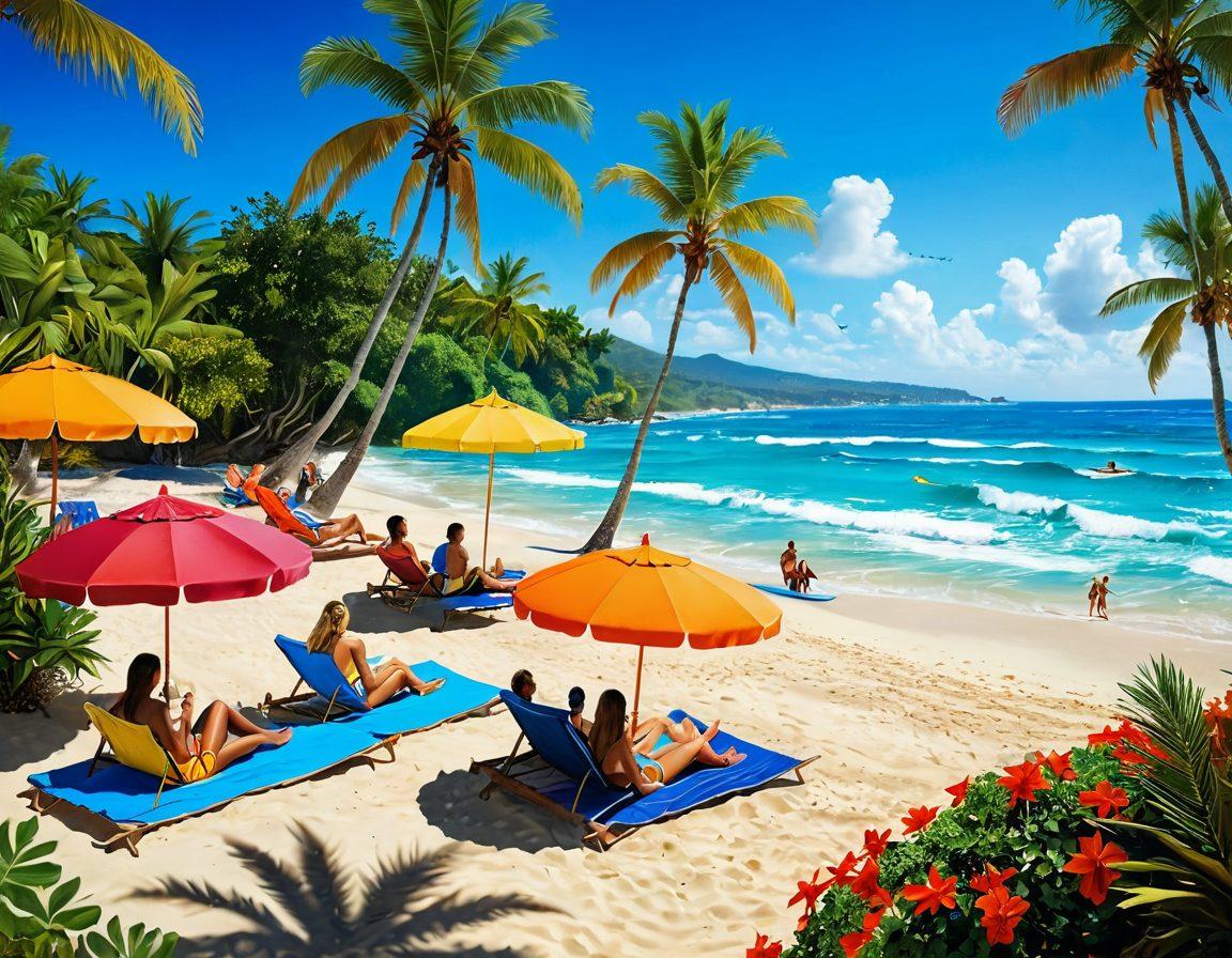 A vibrant beach scene showcasing diverse individuals wearing trendy beachwear outfits, surfing, playing beach volleyball, and lounging under colorful umbrellas. Include tropical plants and crystal blue waves in the background, emphasizing a lively, adventurous atmosphere. The sunlight casts playfully on the water, giving a warm feel to the entire image. bright colors. super-realistic. tropical theme.